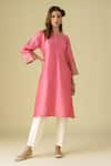 Buy_Mushio_Pink Chanderi Silk Placement Embroidery Zari Round Neck Gulzar Kurta _at_Aza_Fashions