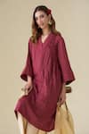 Shop_Mushio_Maroon Kurta Chanderi Plain V Neck Mitali Crinkle Effect Pant Set _Online_at_Aza_Fashions