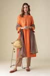 Mushio_Orange Kurta Chanderi Embroidery Chevron Notched Neck Sandhya Pant Set_Online_at_Aza_Fashions