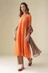 Shop_Mushio_Orange Kurta Chanderi Embroidery Chevron Notched Neck Sandhya Pant Set_Online_at_Aza_Fashions