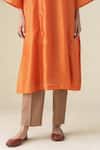 Mushio_Orange Kurta Chanderi Embroidery Chevron Notched Neck Sandhya Pant Set_at_Aza_Fashions