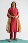 Mushio_Maroon Chanderi Silk Embellished Sequin Mandarin Sindoori Threadwork Kurta _Online_at_Aza_Fashions