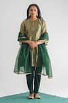 Mushio_Green Handwoven Chanderi Tissue Embellished Bead Gul Floral Threadwork Kurta _Online_at_Aza_Fashions