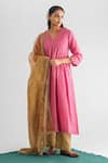 Mushio_Pink Zari Stripe Woven Bead V-neck Madhurima Floral Kurta _Online_at_Aza_Fashions