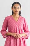 Shop_Mushio_Pink Kurta Zari Stripe Woven Floral V Neck Madhurima Set _Online_at_Aza_Fashions