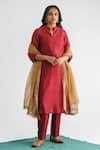 Buy_Mushio_Maroon Kurta Chanderi Silk Embroidery Thread Mandarin Sindoori And Pant Set _at_Aza_Fashions