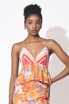 Rishi and Vibhuti_Orange Crepe Printed Floral And Stripe Halter Neck Sway Symphony Top With Skirt _Online_at_Aza_Fashions