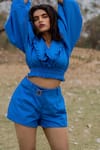 Buy_ZEN'S COUTURE_Blue Poplin Solid Stand Collar Stella Crop Top Shorts Set_at_Aza_Fashions