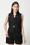 Neha Gursahani_Black Cotton Linen Cutwork Sleeveless Waistcoat _Online_at_Aza_Fashions