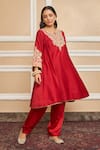 Buy_Sheetal Batra_Red Choga Silk Chanderi Embroidery Kashmiri Mehrish Applique And Salwar Set_at_Aza_Fashions