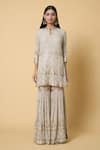 Nakul Sen_Grey 100% Silk Chiffon Embroidered Sequins Round Kurta Gharara Set_Online_at_Aza_Fashions