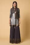 Nakul Sen_Grey 100% Silk Chiffon Embroidered Sequins Stand Color Block Kurta Gharara Set_Online_at_Aza_Fashions