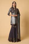 Shop_Nakul Sen_Grey 100% Silk Chiffon Embroidered Sequins Stand Color Block Kurta Gharara Set_Online_at_Aza_Fashions