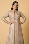 Shop_Nakul Sen_Beige 100% Silk Chiffon Embroidered Sequins Jacket Striped With Anarkali Set 