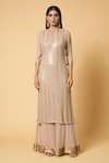 Nakul Sen_Beige 100% Silk Chiffon Embroidered Sequins Round Striped Kurta Palazzo Set_Online_at_Aza_Fashions