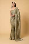 Buy_Nakul Sen_Green 100% Silk Chiffon Embroidered Sequin Saree With Unstitched Blouse Piece
