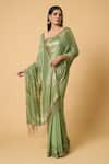 Nakul Sen_Green 100% Silk Chiffon Embroidered Wavy Saree With Unstitched Blouse Piece _at_Aza_Fashions