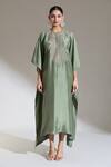 Jayanti Reddy_Green Embroidery Round Neck Bird Yoke Kaftan _Online_at_Aza_Fashions