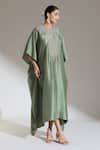 Buy_Jayanti Reddy_Green Embroidery Round Neck Bird Yoke Kaftan _Online_at_Aza_Fashions