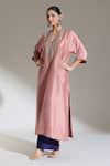 JAYANTI REDDY_Peach Embroidered Rose V Neck Kaftan Kurta _at_Aza_Fashions