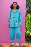 Buy_ZEN'S COUTURE_Blue Poplin Applique Collared Iris Shirt And Pant Co-ord Set _at_Aza_Fashions