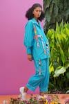 Buy_ZEN'S COUTURE_Blue Poplin Applique Collared Iris Shirt And Pant Co-ord Set _Online_at_Aza_Fashions