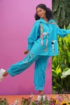 Shop_ZEN'S COUTURE_Blue Poplin Applique Collared Iris Shirt And Pant Co-ord Set _Online_at_Aza_Fashions