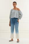 Buy_Kamaltaas_Blue Linen Satin Embroidery Pittan Starlet Bloom Print Top With Ombre Trouser _at_Aza_Fashions