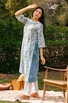 Buy_Kamaltaas_Blue Cotton Mulmul Print Floral Boat Neck Embroidered Side Panel Kurta With Pant _at_Aza_Fashions