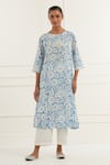 Buy_Kamaltaas_Blue Cotton Mulmul Print Floral Boat Neck Embroidered Side Panel Kurta With Pant _Online_at_Aza_Fashions