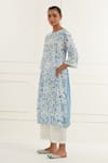 Kamaltaas_Blue Cotton Mulmul Print Floral Boat Neck Embroidered Side Panel Kurta With Pant _at_Aza_Fashions