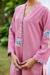 Shop_Bo tree_Pink Cotton Slub Embroidered Floral Motif Round Rose Radiance Kurta And Pant Set _Online_at_Aza_Fashions