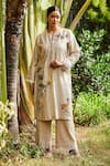 Buy_Bo tree_Beige Chanderi Embroidered Floral Motif Notched Breezy Blossom Kurta And Pant Set _at_Aza_Fashions