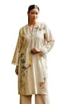 Shop_Bo tree_Beige Chanderi Embroidered Floral Motif Notched Breezy Blossom Kurta And Pant Set _Online_at_Aza_Fashions