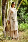 Bo tree_Beige Chanderi Embroidered Floral Motif Notched Breezy Blossom Kurta And Pant Set _at_Aza_Fashions