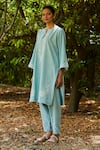 Buy_Bo tree_Blue Cotton Slub Embroidered Floral V Neck Tulip Tranquility Kurta And Salwar Set _Online_at_Aza_Fashions