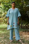 Buy_Bo tree_Blue Handloom Cotton Embroidered Floral Round Serene Kurta And Pant Set _at_Aza_Fashions