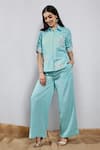 Buy_Leela By A_Blue Tencel Lux Applique Embroidered Flowers Collar Shirt And Pant Set _at_Aza_Fashions