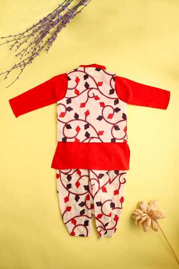 Shop_Cute Couture_Beige Cotton, Rayon Embroidery Leaf Vine Bundi Set _at_Aza_Fashions