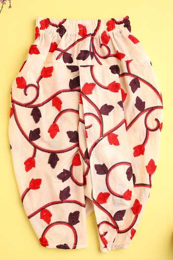 Cute Couture_Beige Cotton, Rayon Embroidery Leaf Vine Bundi Set _at_Aza_Fashions