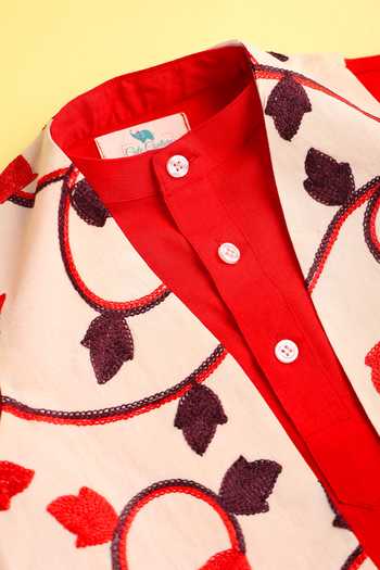 Shop_Cute Couture_Beige Cotton, Rayon Embroidery Leaf Vine Bundi Set 
