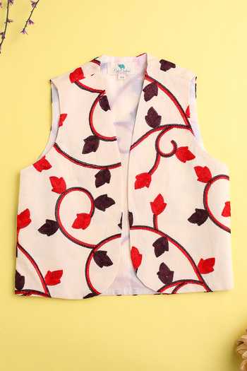 Buy_Cute Couture_Beige Cotton, Rayon Embroidery Leaf Vine Bundi Set _Online