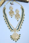 Shop_Ruby Raang_Green Pearls And Kundan Hand Embellished Long Pendant Necklace Set _at_Aza_Fashions