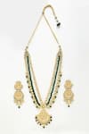 Ruby Raang_Green Pearls And Kundan Hand Embellished Long Pendant Necklace Set _Online_at_Aza_Fashions