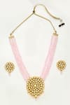 Ruby Raang_Pink Beads And Kundan Hand Embellished Long Pendant Necklace Set _Online_at_Aza_Fashions