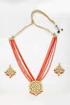 Ruby Raang_Orange Kundan Embellished Pendant Necklace Set _Online_at_Aza_Fashions