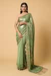 Shop_Nakul Sen_Green 100% Silk Chiffon Embroidered Wavy Saree With Unstitched Blouse Piece 