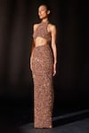 Shop_Itrh_Peach Net Embellished Crystal Band Collar Gilded Luxor Crop Top With Skirt_at_Aza_Fashions