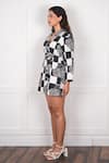 Nassh_Black Linen Checkered Stand Collar Pattern Wrap Dress_Online_at_Aza_Fashions