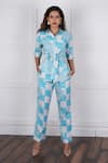 Buy_Nassh_Blue Linen Printed Checkered Stand Collar Shirt With Pant _at_Aza_Fashions